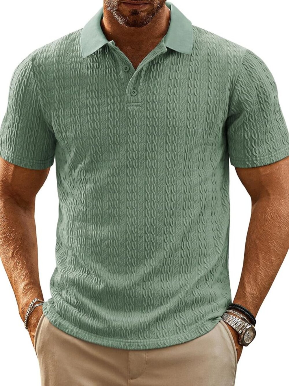 Men's Light Green Polo Shirts Short Sleeve Casual Summer Golf Shirts Vacation Fi